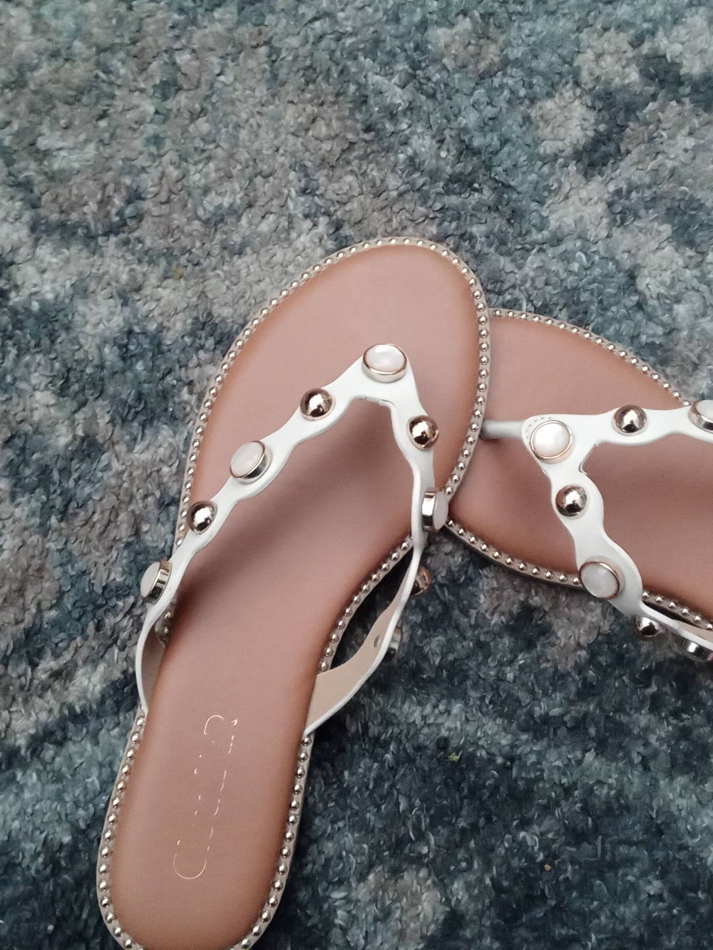 White Stud-Accent Slip-On Sandals with Tan Footbed